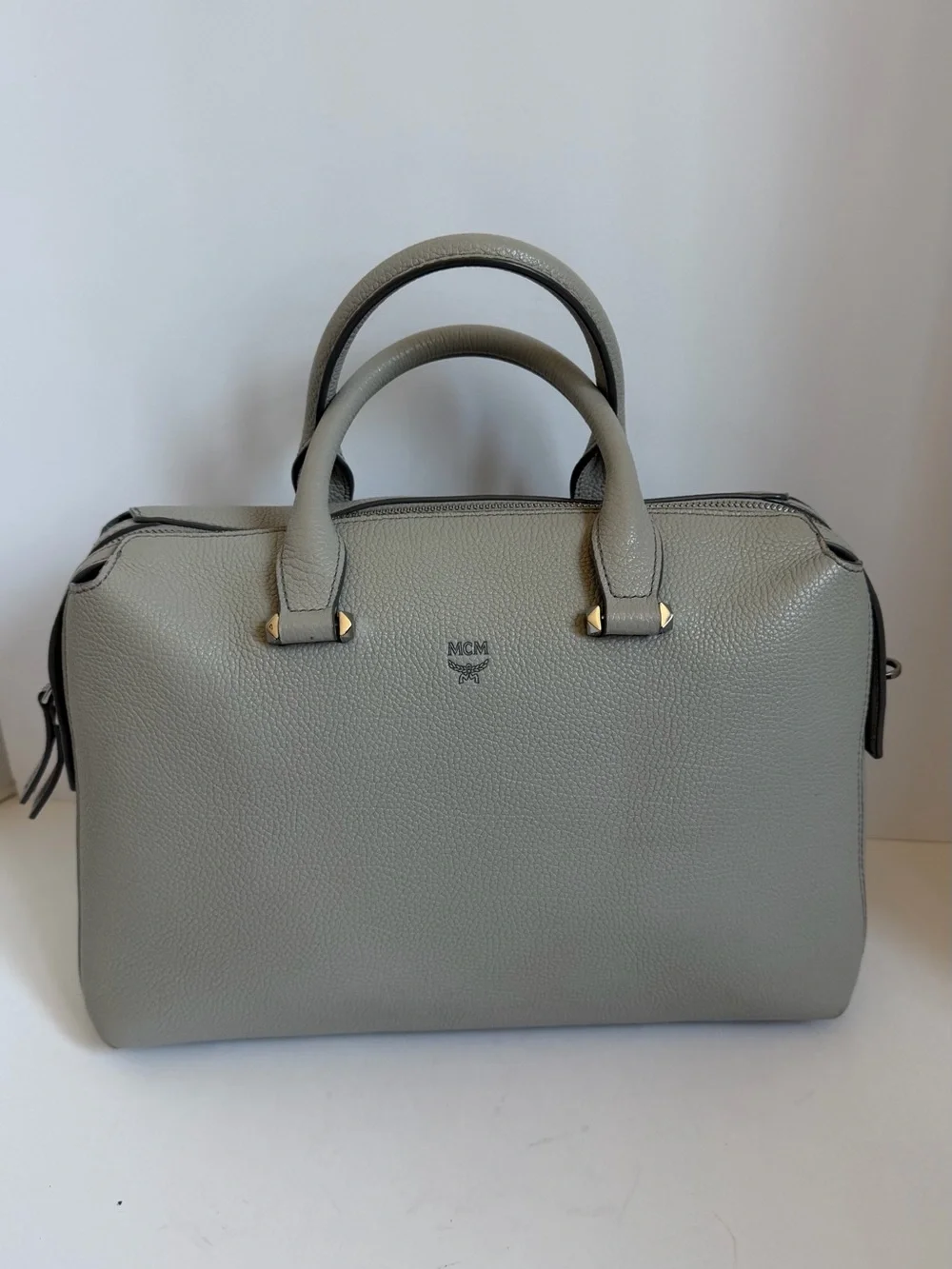 MCM Light Grey Pebbled Leather Satchel